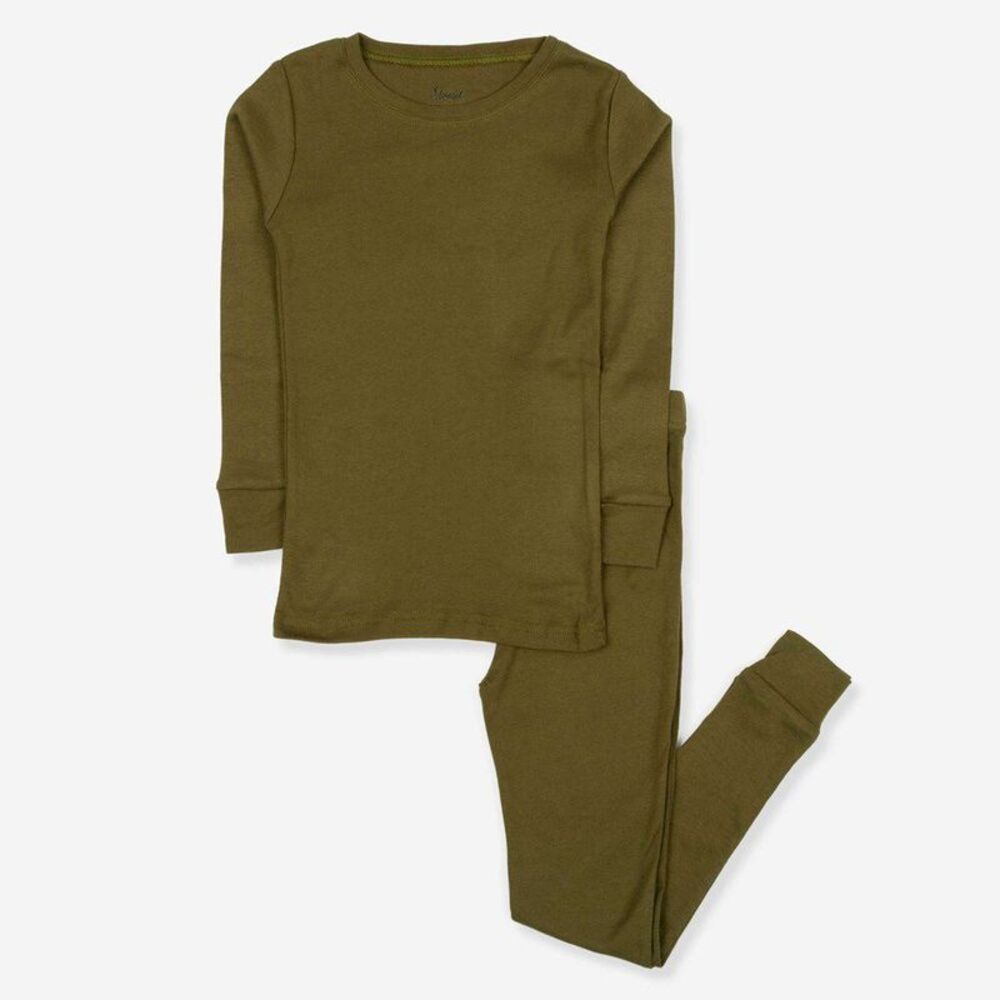 Leveret Kids Two Piece Cotton Pajamas Solid Olive 3